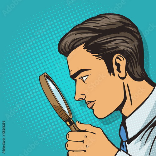 Man looking through magnifier pop art vector