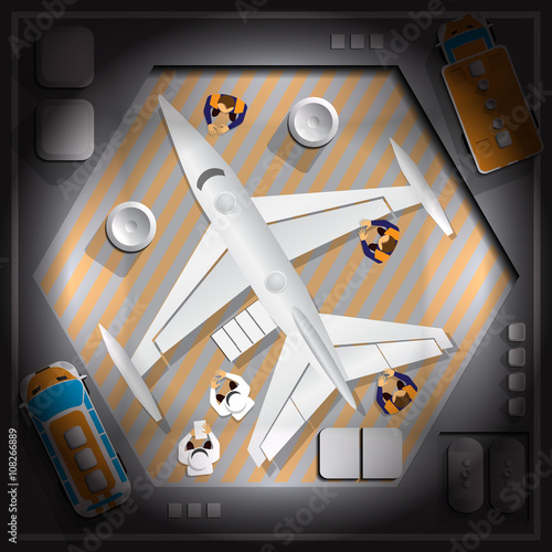 Spaceship. Preparing for flight. View from above. Vector illustration. Applique with realistic shadows.