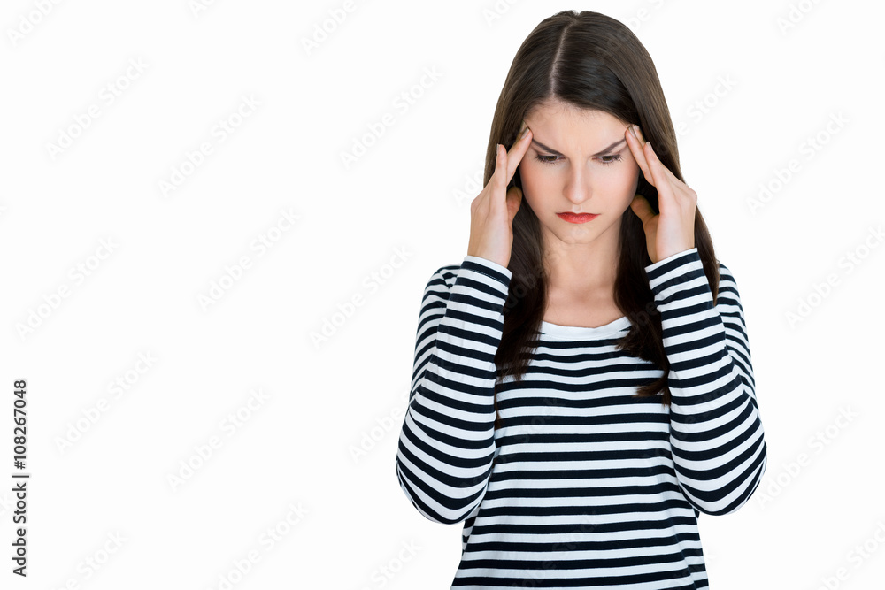 Young female adult with headache, on white background Young female adult with headache, on white background