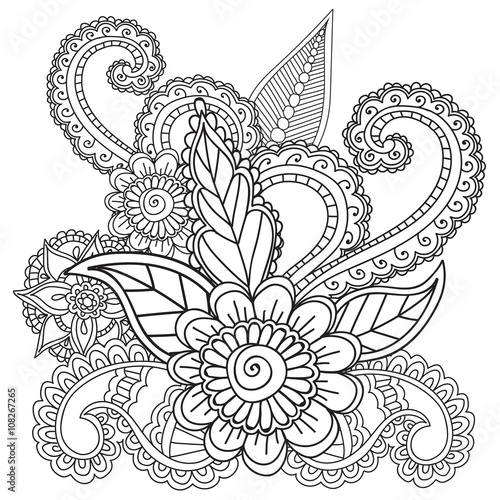 Coloring pages for adults. Henna Mehndi Doodles Abstract Floral Elements.