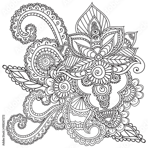 Coloring pages for adults. Henna Mehndi Doodles Abstract Floral Elements.