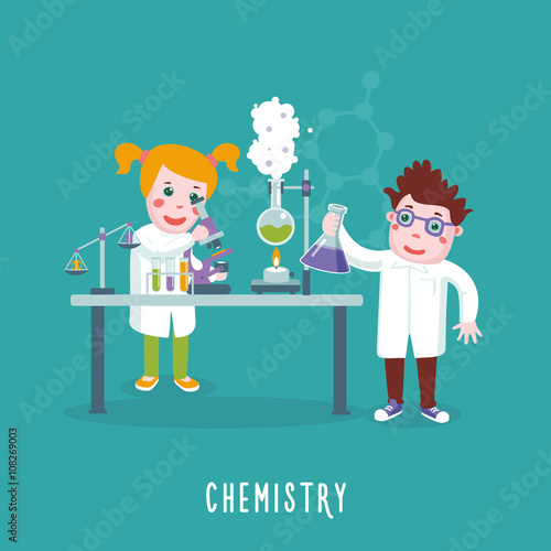Kids education. Chemistry class. Children in a lab