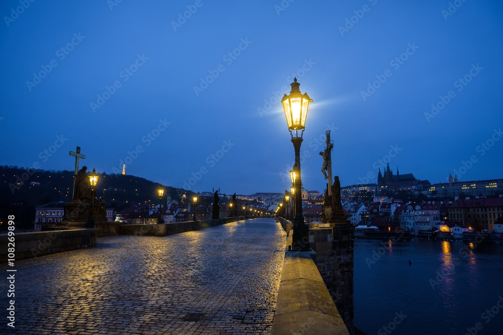 Charles Bridge in Prague at dawn Czech Republic