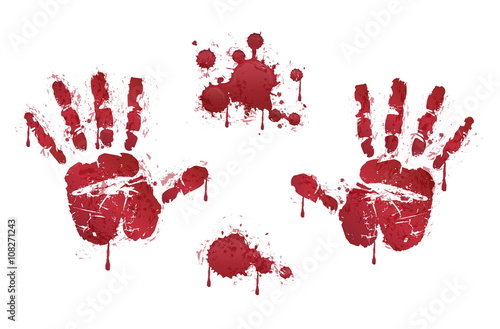 Bloody red horror handprints and blood drops. Spooky design elements for design and helloween decoration.