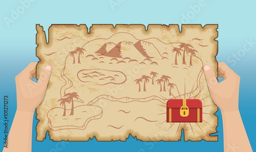 Ancient pirate treasure map with hands