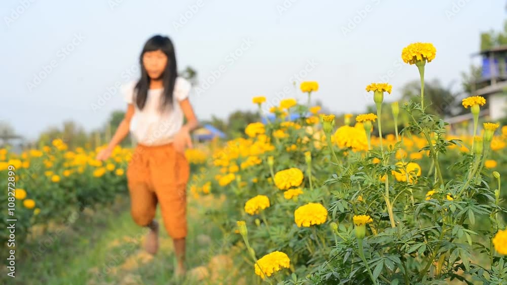 Asian girl touching and running at marigold flower field Asian girl touching and running at marigold flower field