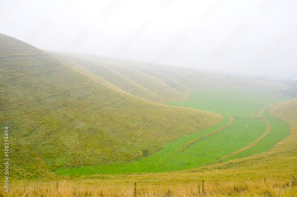 hills in the fog in Oxfordshire, United kingdom