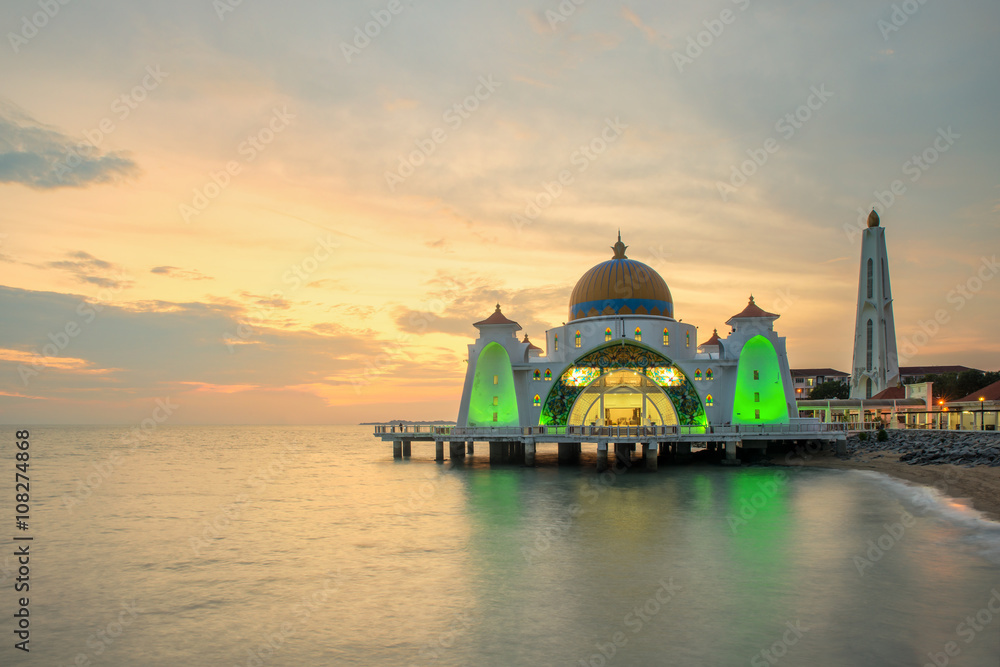 Malacca Straits Mosque, Malaysia at sunset