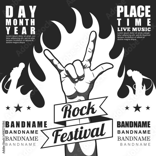 Black and white Rock festival poster, with rock n roll sign and fire.