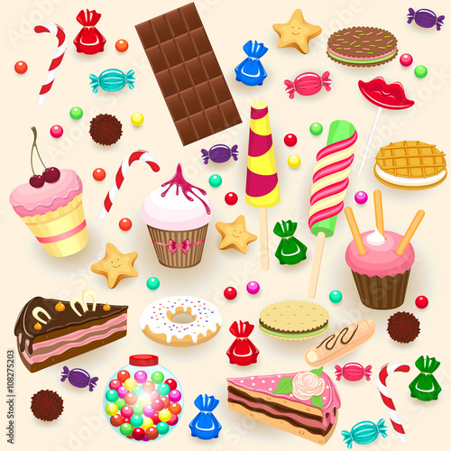 Set of sweet food icons. Cake, ice cream, chocolate, donut, candy, wafer, biscuit, cake, chewing gum.