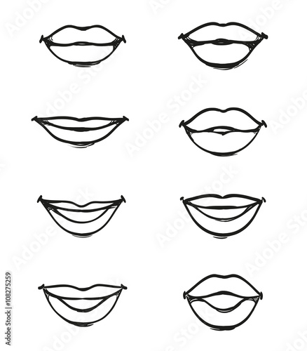 Set of female lips without background of different shapes, icons black lines and strokes, mouth in a smile, closed and talking, part of the face, isolated vector design elements