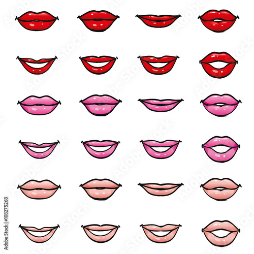 Set of female lips of different shapes and colors of lipstick and gloss, red, pink and beige natural skin color mouth in a smile, closed and talking, part of the face, isolated vector design elements