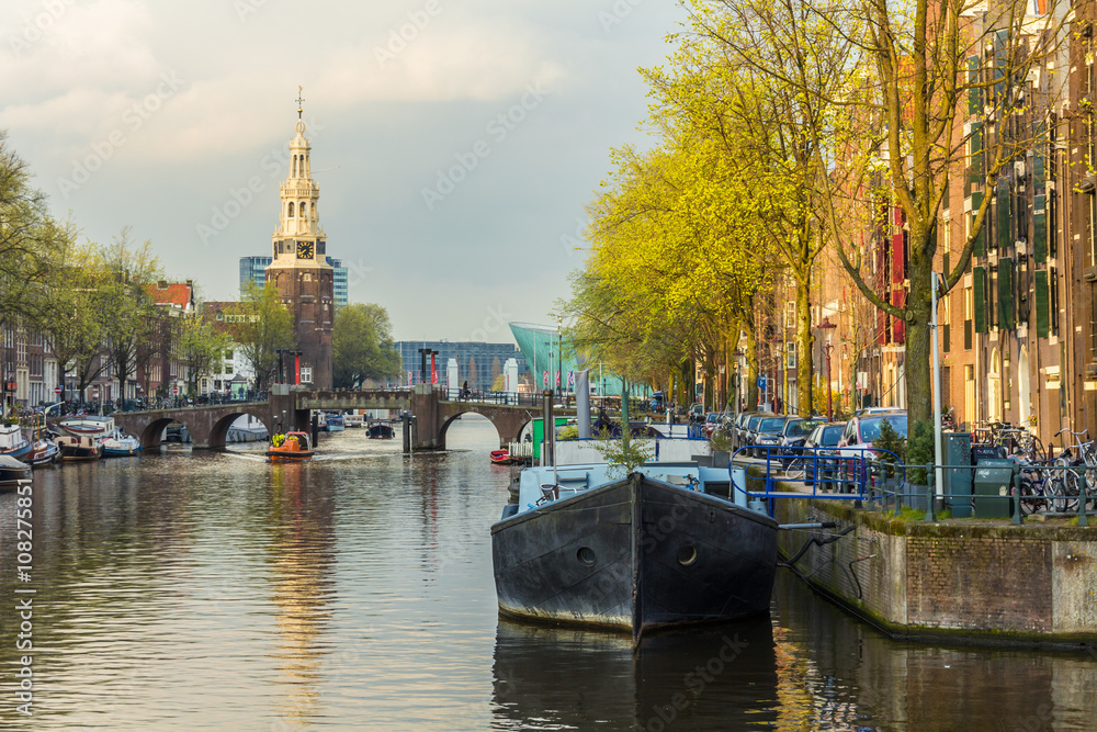 Amsterdam , the Netherlands - April 13, 2016: bridge over Amsterdam canal