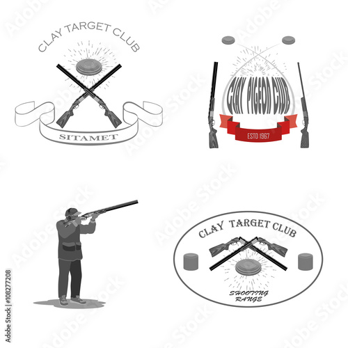 
man shoots at a flying pigeon with a rifle. on his feet running shoes, a cap on his head. Addition rifle and clay plates
