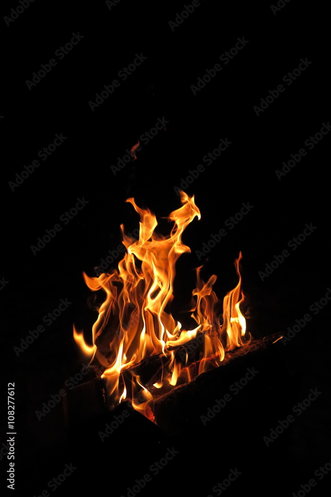 Flaming firewood in the night fire Flaming firewood in the night fire