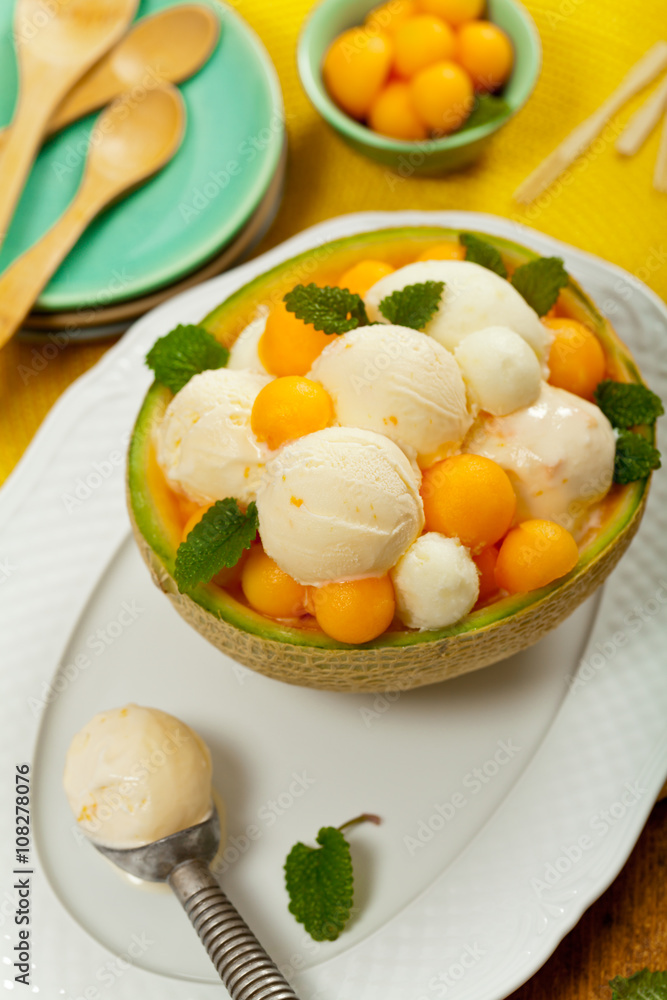 Exotic Cantaloupe Melon Ice Cream. Selective focus. Exotic Cantaloupe Melon Ice Cream. Selective focus.