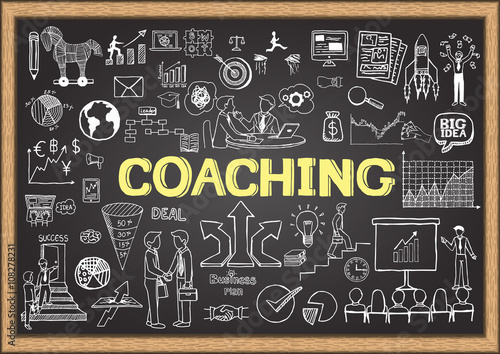Hand drawn coaching on chalkboard. Business doodles.
