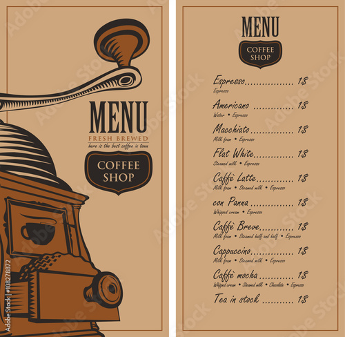 menu for a cafe shop with a picture coffee grinder and a price