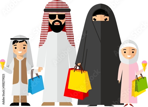 Shopping concept with arab people in colorful style.