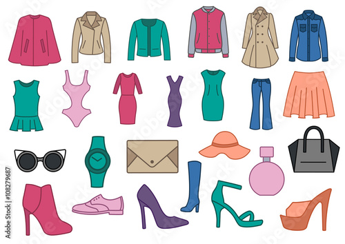 Set of fashion clothes. Fashionable clothes, shoes and accessories on a white background