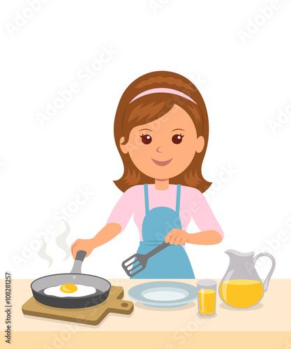 Cute girl in an apron prepares an omelet. Mom to cook breakfast. Concept design of motherhood and household chores