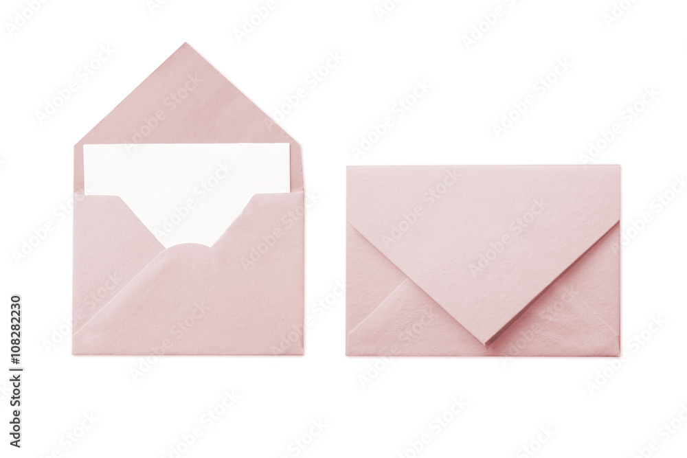 Pink envelope with blank white card isolated on white background