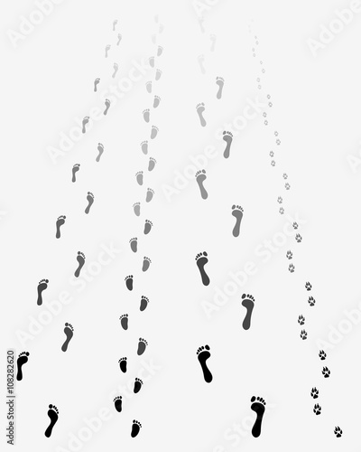 Black footprints of man, woman, child and dog, vector