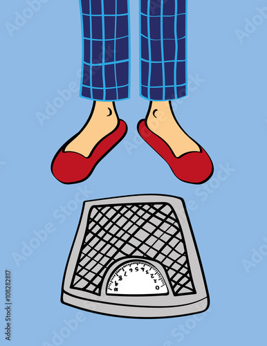 Pair of male legs in pyjama pants and slippers standing in front of a set of bathroom weighing scales