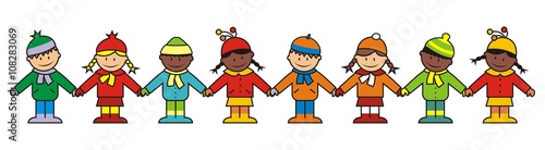 eight children, winter clothes, in a row, esp.