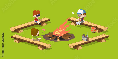 Low poly rough wooden benches around the campfire. 3D lowpoly isometric vector concept illustration