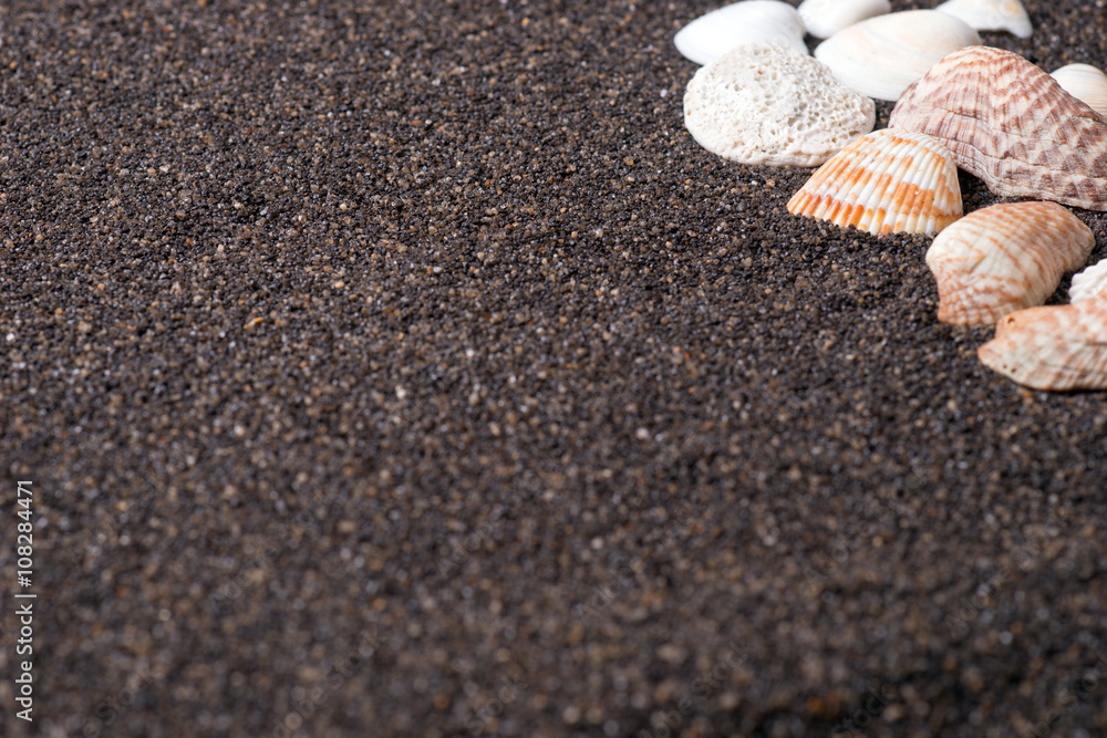 Frame made of seashells on dark sand Frame made of seashells on dark sand