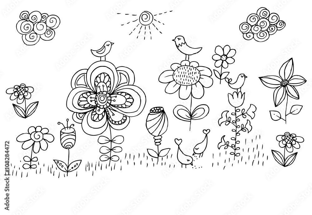 Children drawing of flowers and birds. Illustration with shining sun, sky clouds and floral pattern.  Doodles.