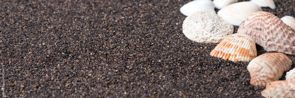 Frame made of seashells on dark sand Frame made of seashells on dark sand
