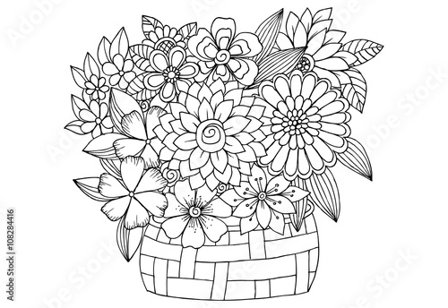 Bouquet of flowers. Doodle flowers  adult coloring page 