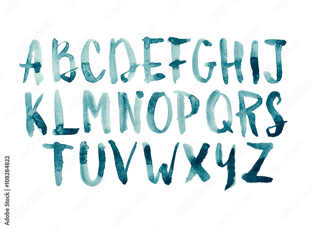 Watercolor aquarelle font type handwritten hand drawn doodle abc alphabet uppercase letters.