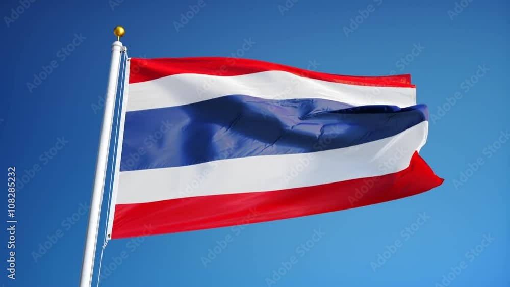Thailand flag waving in slow motion against clean blue sky, seamlessly ...