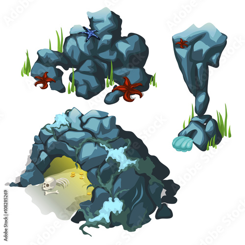 Sea cliffs and cave with human skeleton