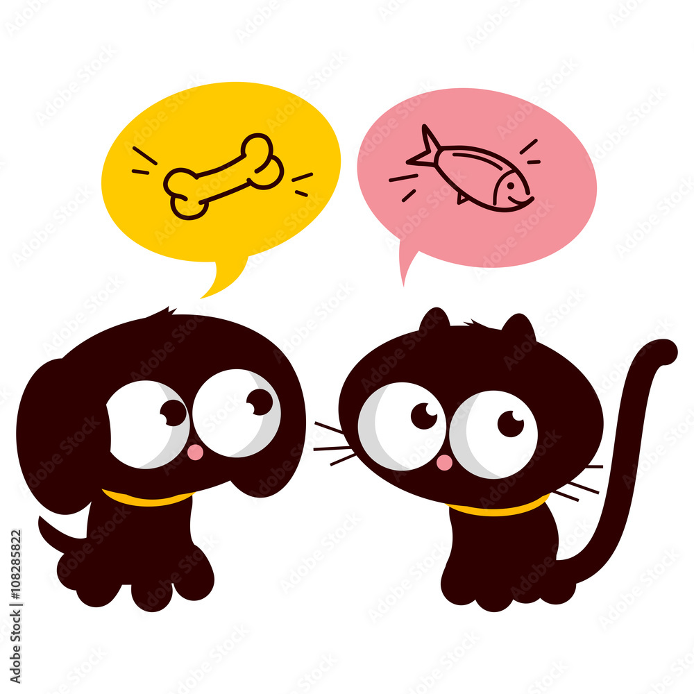 Hungry dog and a cat pets thinking about food. Vector illustration