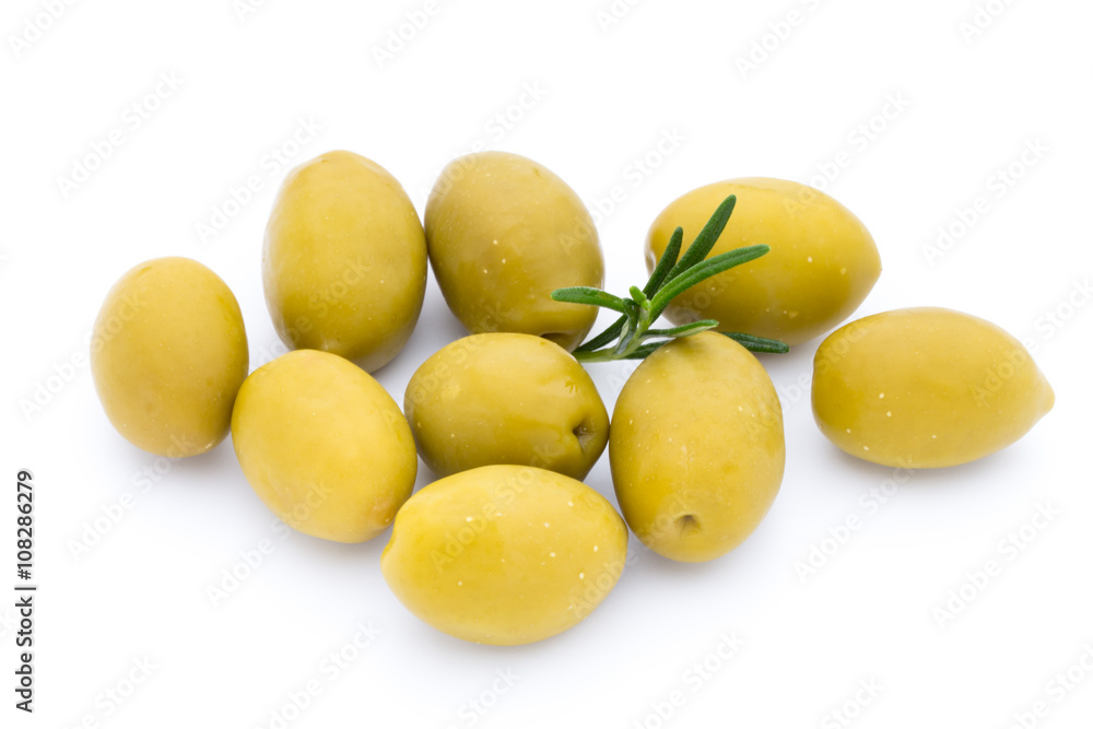 Olives on leaves isolated on white.