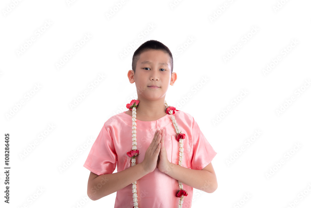 Asian boy welcome expression Sawasdee on white background Asian boy welcome expression Sawasdee on white background