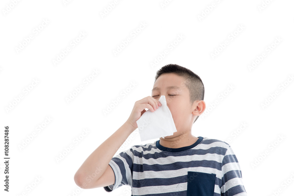 Flu cold or allergy symptom.Sick young asian boy with fever snee Flu cold or allergy symptom.Sick young asian boy with fever snee