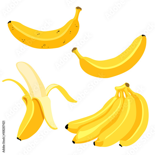 Vector Set of Cartoon Yellow Bananas. Overripe Banana, Single Banana , Peeled Banana, Bunch of Bananas.