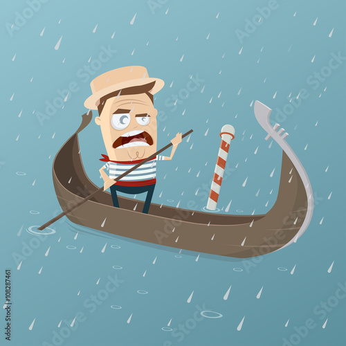 grumpy venetian gondolier in rainy weather