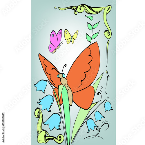 butterfly and flowers vintage vector illustration