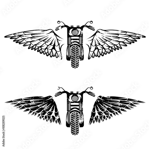 biker theme grunge labels set with bike and wings