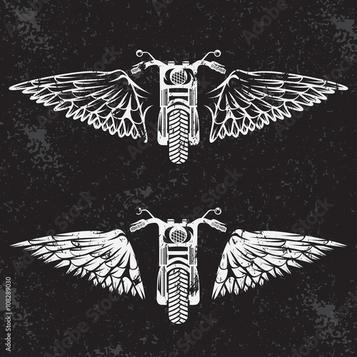 biker theme grunge labels set with bike and wings