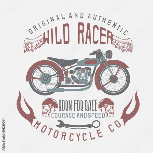 wild racer vintage print with motorcycle,wings and skulls