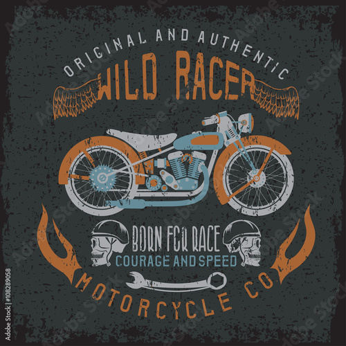 wild racer vintage print with motorcycle,wings and skulls