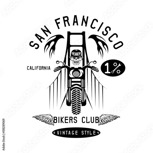 skeleton in helmet on bike and golden gate bridge vector design