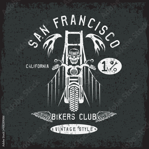 skeleton in helmet on bike and golden gate bridge vector design